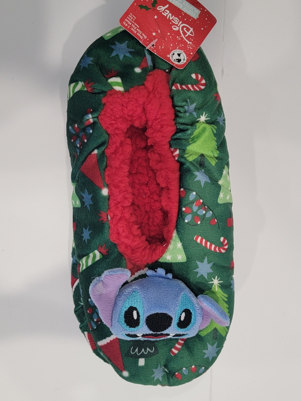 Disney Stitch Holiday Fuzzy Slipper in Green & Red